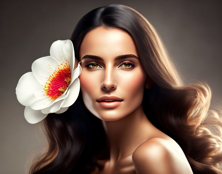 Flawless skin woman with wavy hair holding white flower on brown gradient background