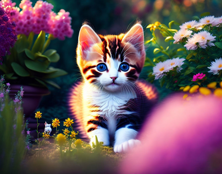 Adorable kitten with unique markings in vibrant garden setting