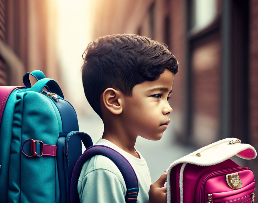 Thoughtful young boy with backpack in warm sunlight beside pink schoolbag