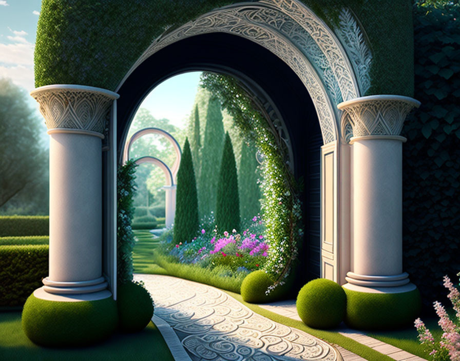 Classical garden pathway with columns, arches, and manicured hedges in soft light