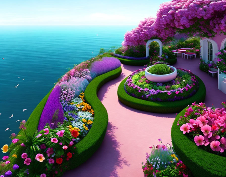 Vibrant digital artwork: lush seaside garden with pink path, blooming flowers, hedges,