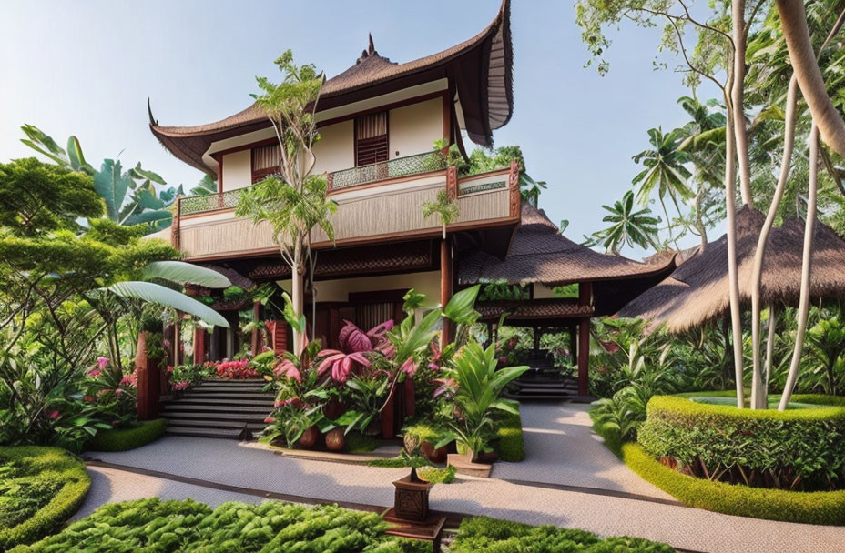 Tiered-roof wooden house in lush gardens with stone stairway