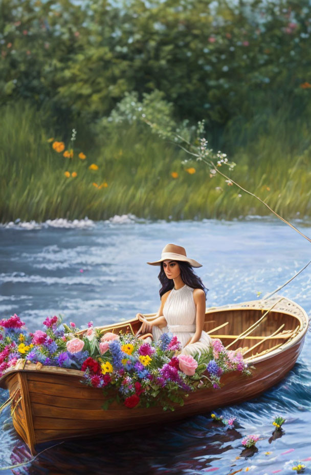 Woman in white dress and hat surrounded by colorful flowers in wooden boat on serene river