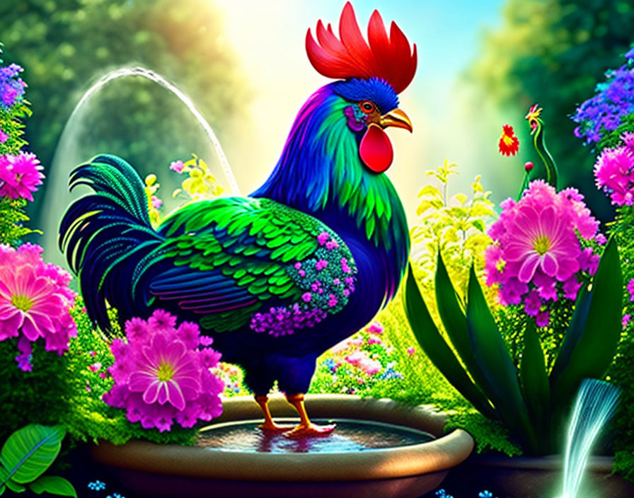 Colorful Rooster Illustration Among Flowers and Stream