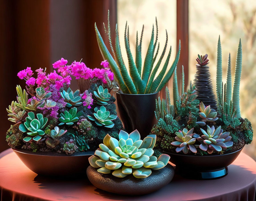 Succulents and cacti in decorative pots on table