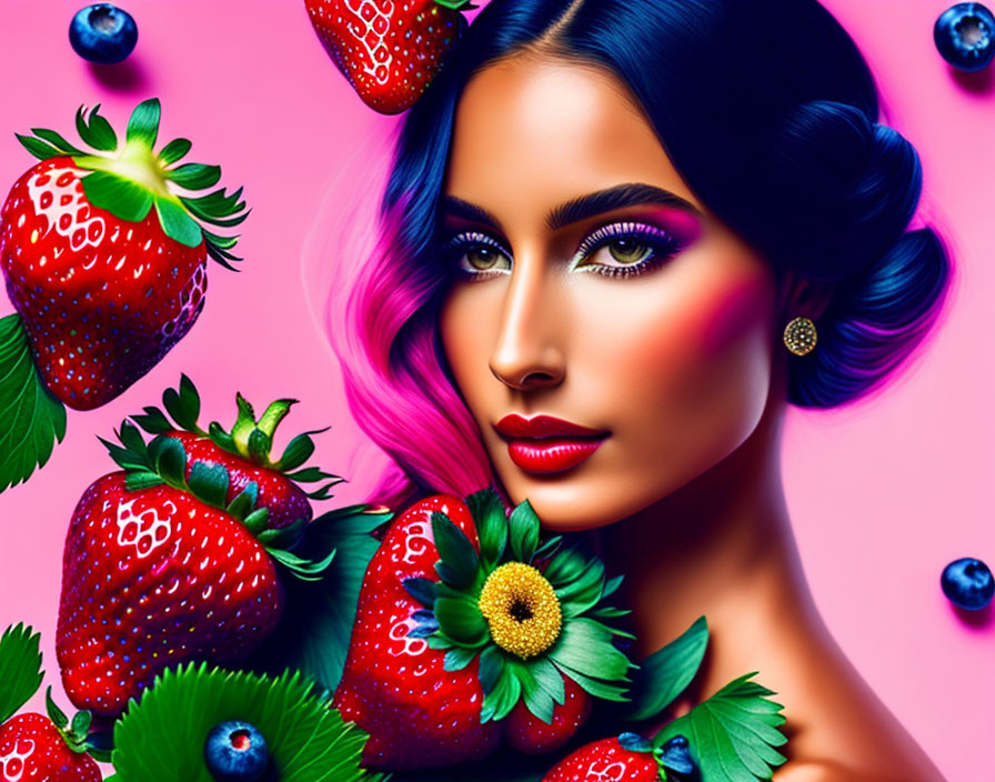 Colorful woman with pink hair and purple eyeshadow surrounded by floating berries on pink backdrop