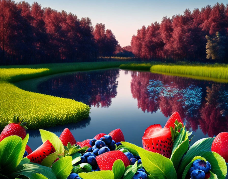 Tranquil lake with trees, clear sky, and vibrant berries in foreground