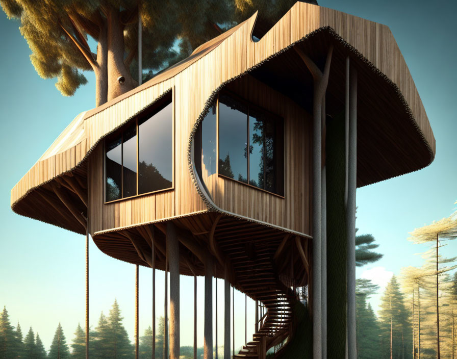 Curved modern treehouse with large windows among tall pines