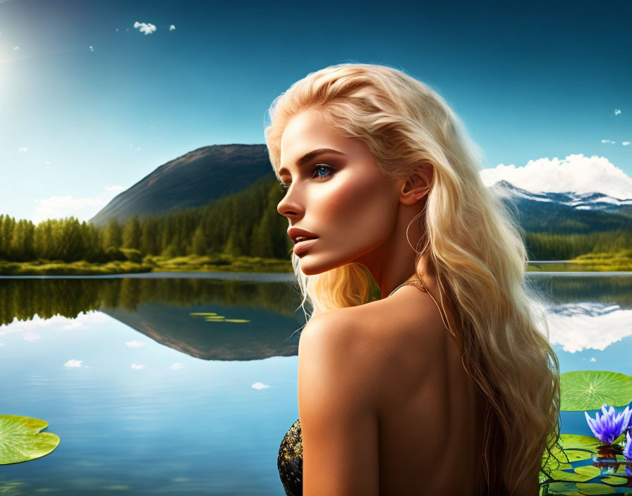 Blonde woman in serene nature setting digital art