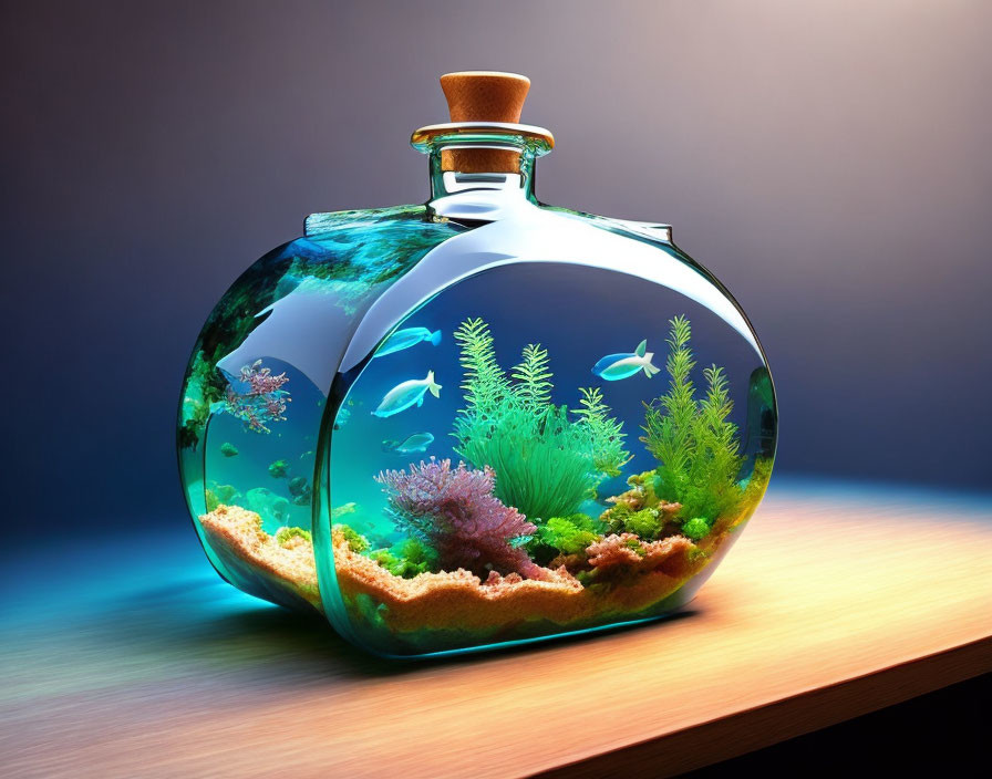 Colorful Plants and Fish in Round Glass Aquarium with Dramatic Lighting