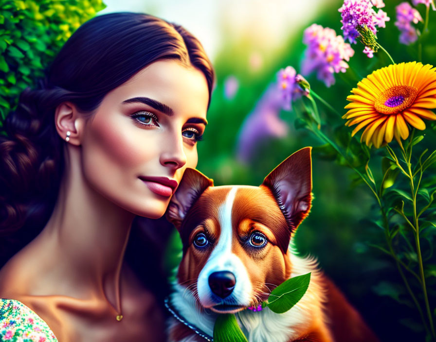 Woman with flawless makeup and small dog in vibrant flower setting.