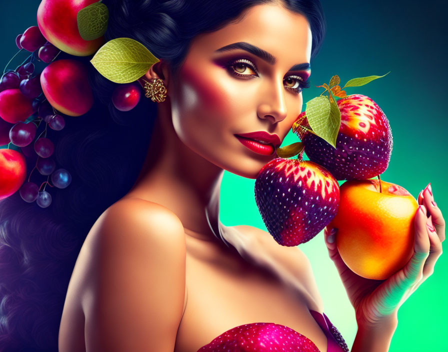 Woman with Vibrant Fruit Makeup: Natural Beauty Theme