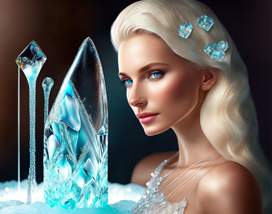 Digital artwork featuring woman with ice-blue eyes and crystal accessories amidst icy gemstone formations