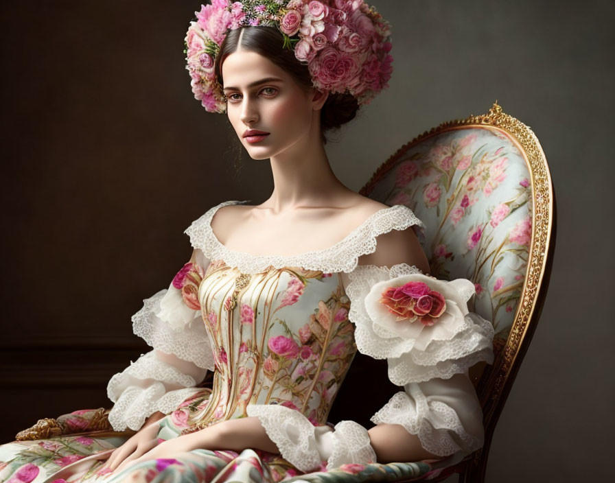 Vintage floral dress woman seated on ornate chair with pink rose crown