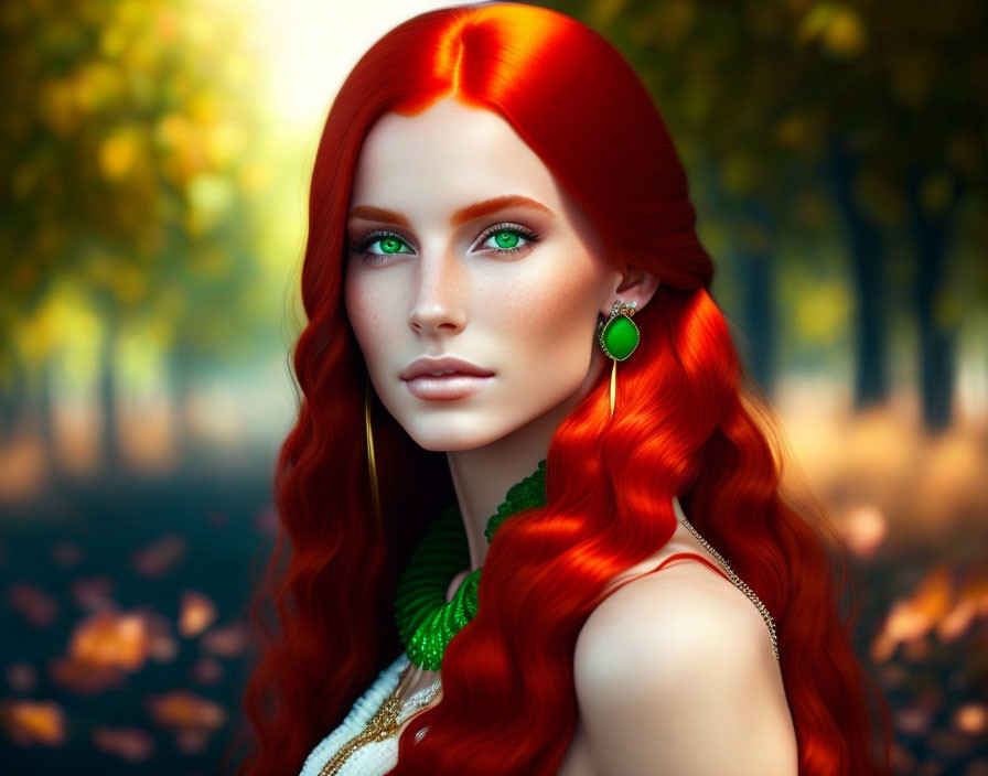 Vibrant red hair woman portrait in autumn forest scenery