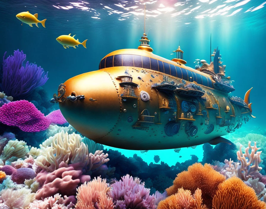 Yellow submarine explores vibrant coral reef with fish in clear blue water