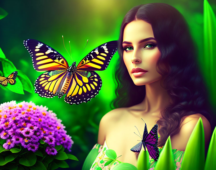 Digital art portrait: Woman with long dark hair in lush greenery with butterflies and purple flowers.