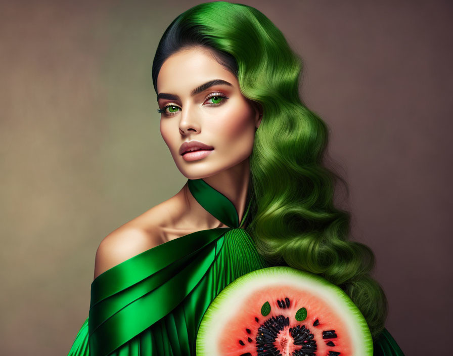 Vibrant green hair woman with watermelon slice on beige background