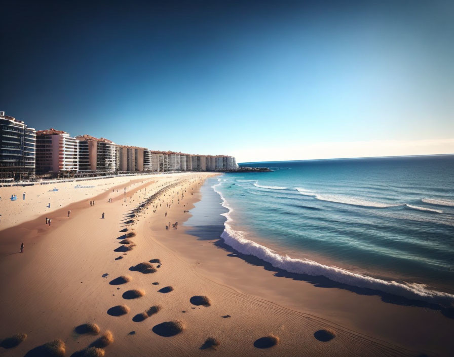 Sunlit Beach with Curved Shoreline and Tall Buildings Along Clear Blue Sky