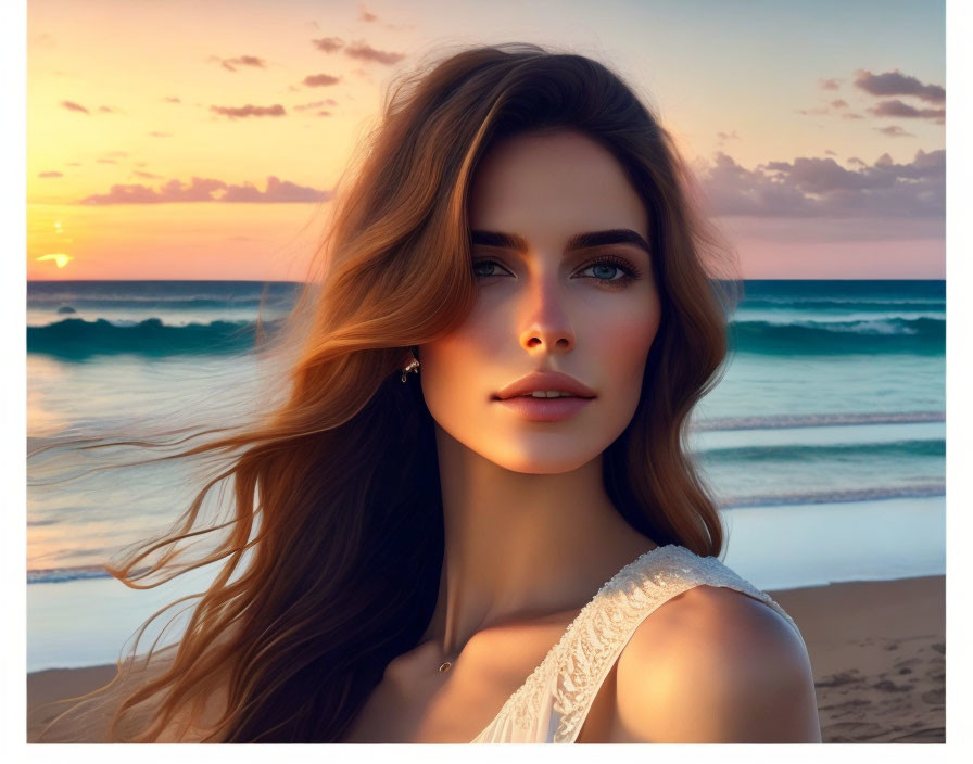 Woman with flowing hair at sunset beach landscape