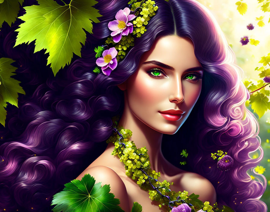 Colorful illustration: Woman with purple hair, green leaves, and flowers on vibrant nature backdrop