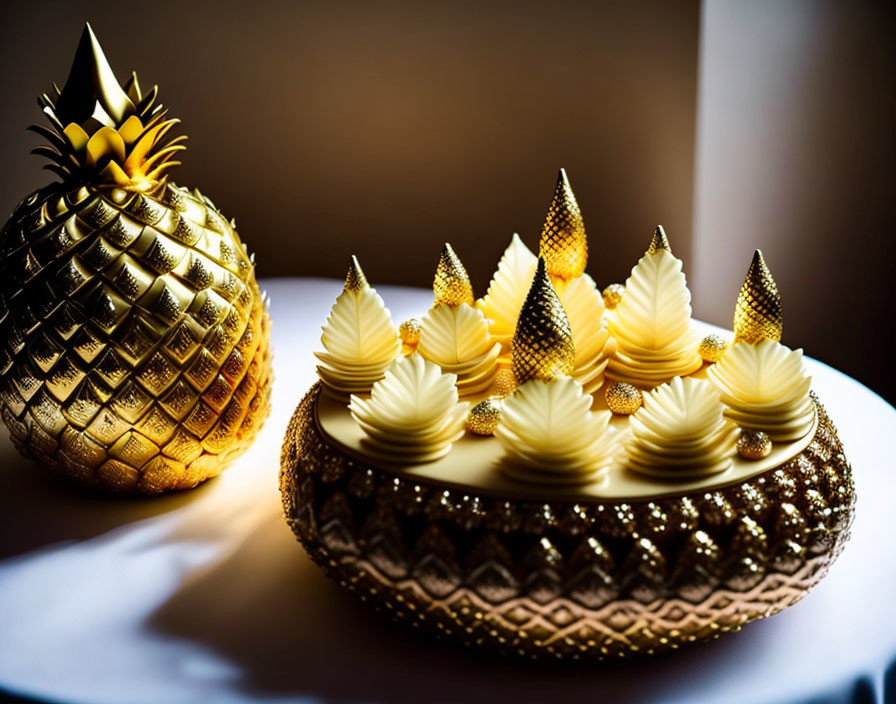 Decorated Cake with Golden Pineapple on Gold Tray