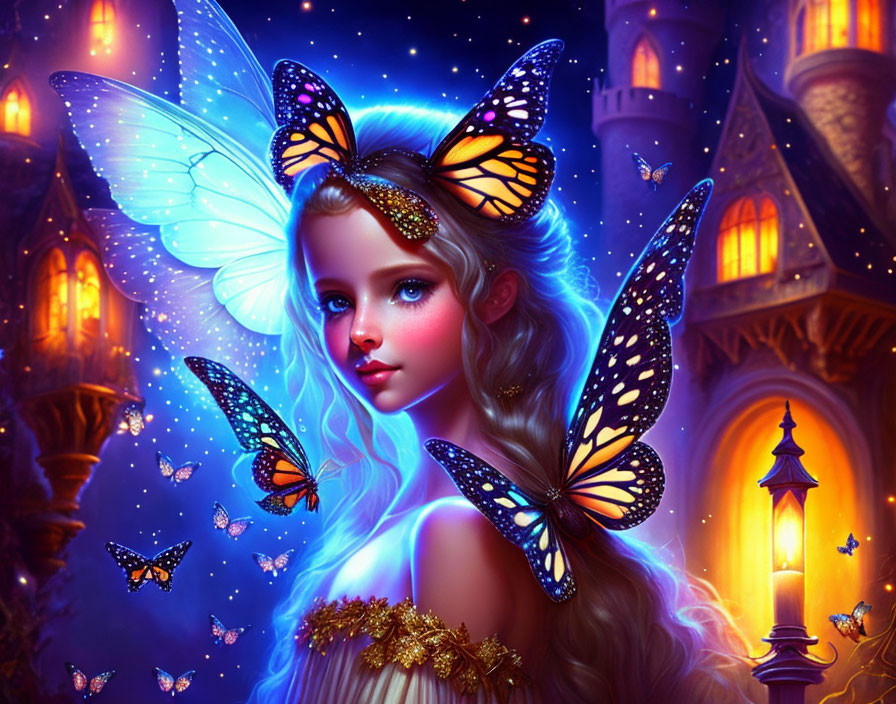 Fantastical Artwork: Girl with Butterfly Wings and Glowing Castle at Night