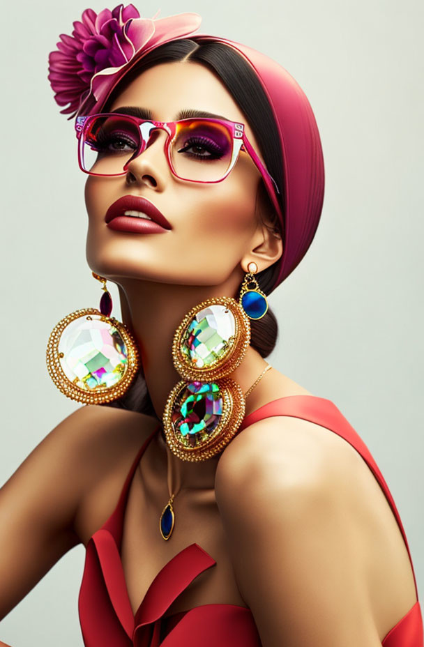 Fashionable woman with bold makeup and statement accessories.