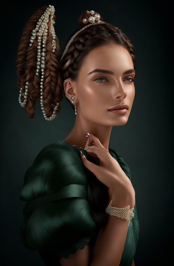 Elegant Woman with Elaborate Braided Hairstyle and Pearls in Green Attire