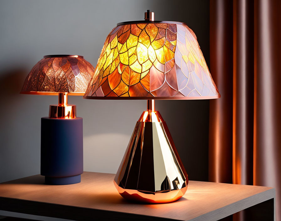 Geometric-shaped large and small table lamps lighting a cozy room corner