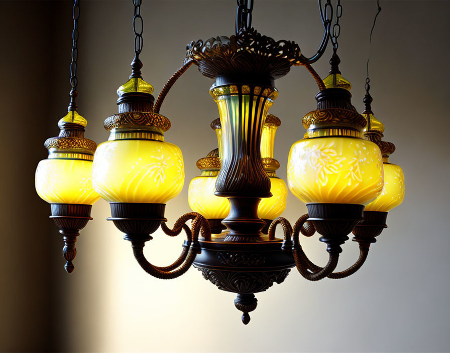 Yellow Glass Shade Ornate Chandelier with Metal Detailing