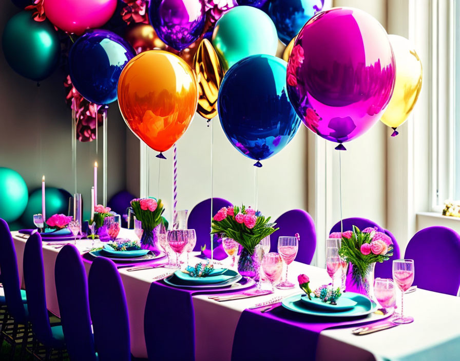 Colorful party decor with balloons, flowers, plates, and chairs in a white-walled room