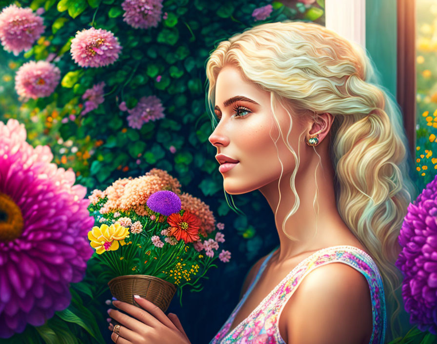 Blonde Woman Digital Artwork with Floral Backdrop