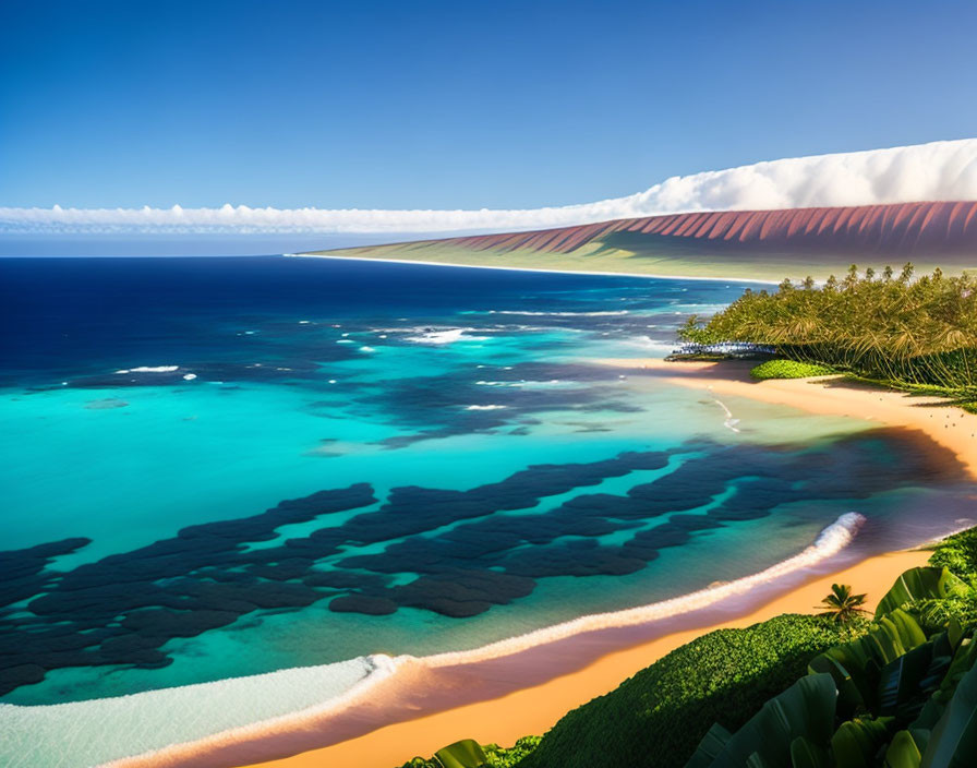 Tropical beach with clear blue waters, coral formations, white sands, lush greenery, and red