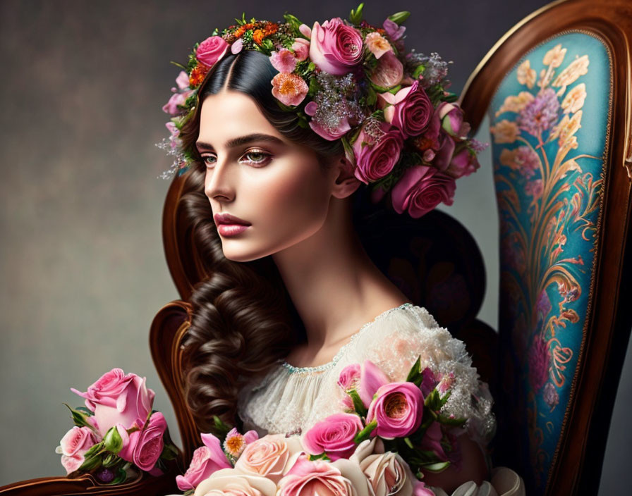 Woman with Floral Headdress and Pink Roses Sitting in Vintage Chair