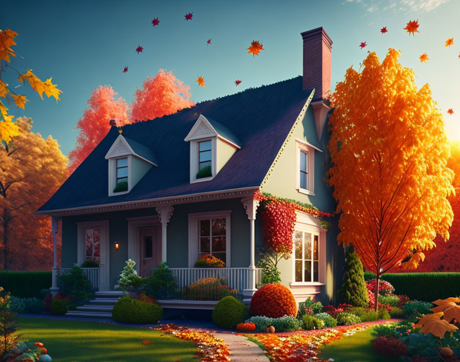 Suburban house with blue roof in autumn garden