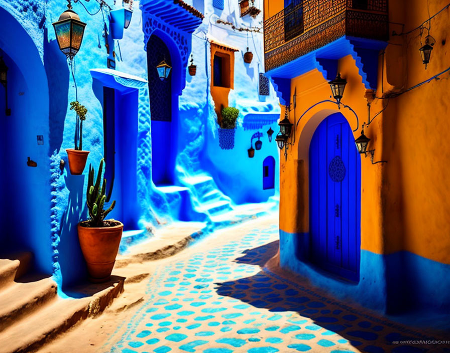 Colorful Moroccan-style alleyway with traditional lanterns and potted plants