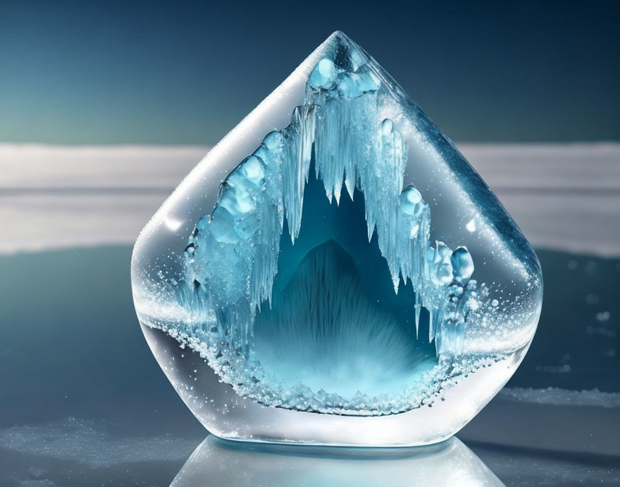 Teardrop-shaped gem with winter scene and blue glow