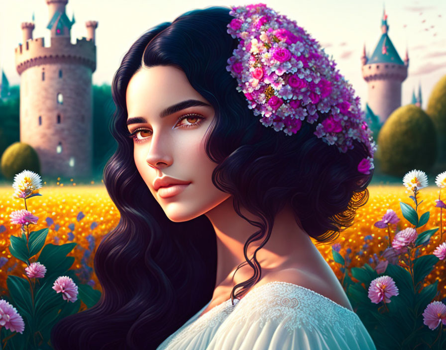 Dark-haired woman in floral headpiece gazes away with castle backdrop.