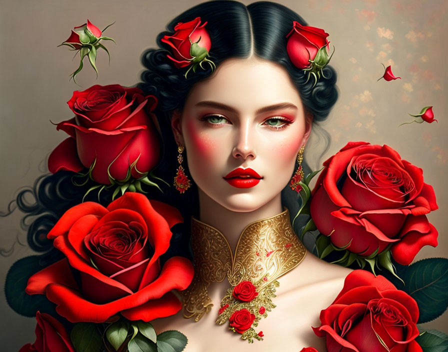 Dark-haired woman with red rose adornments and golden rose choker.