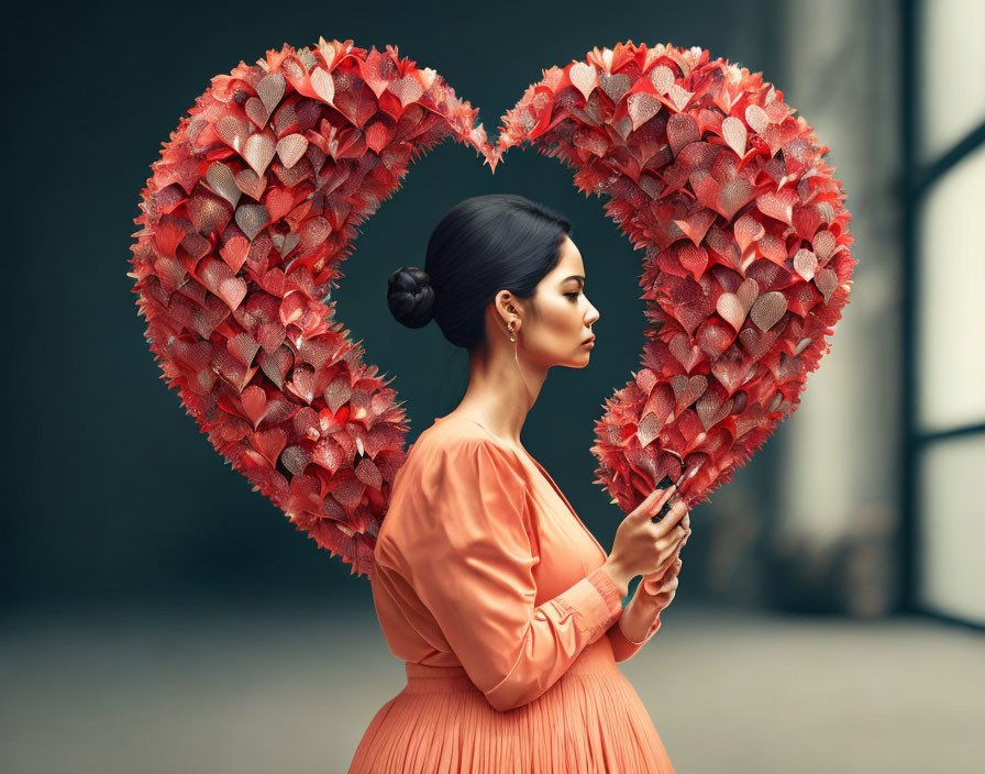 Woman in Orange Dress with Heart-Shaped Red Leaf Adornment