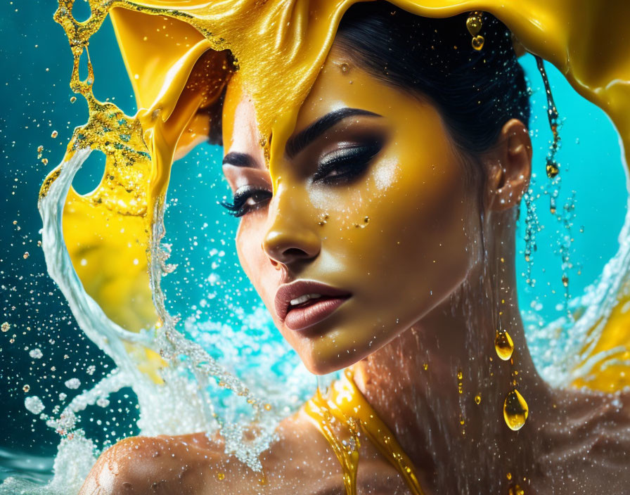 Vibrant woman with dramatic makeup in yellow liquid splashes