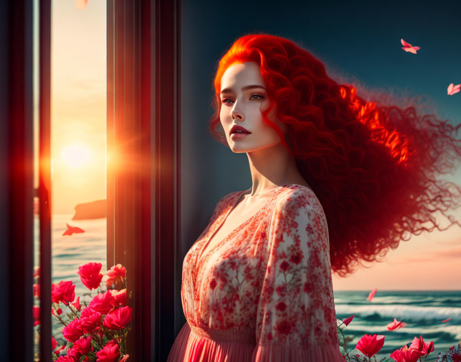 Vibrant red-haired woman gazes out window at sunset and red butterflies