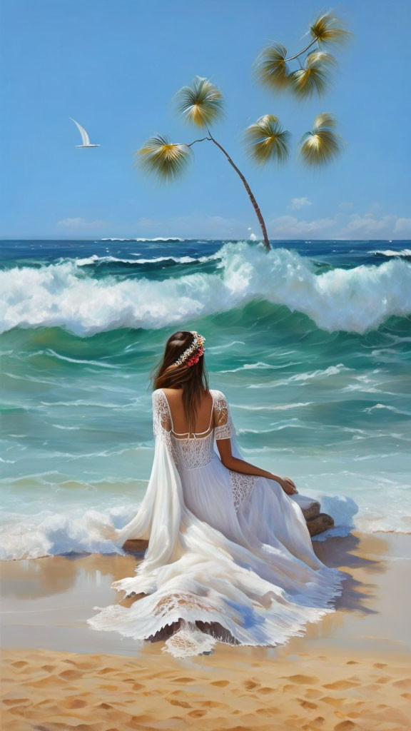 Woman in white dress on sandy beach gazing at ocean waves under blue sky.