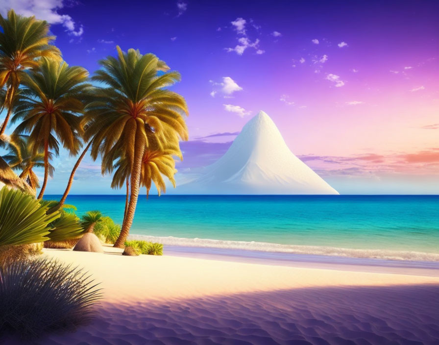 Tranquil beach with palm trees, white sand, turquoise sea, snow-capped mountain, purple