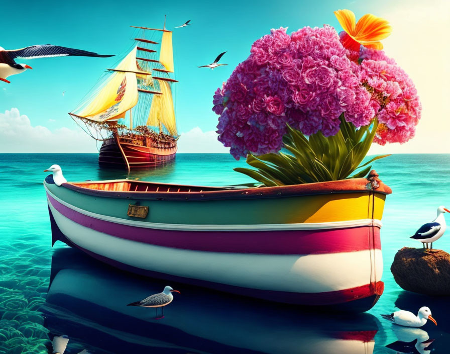 Colorful boat with pink flowers on blue sea with seagulls and sailing ship