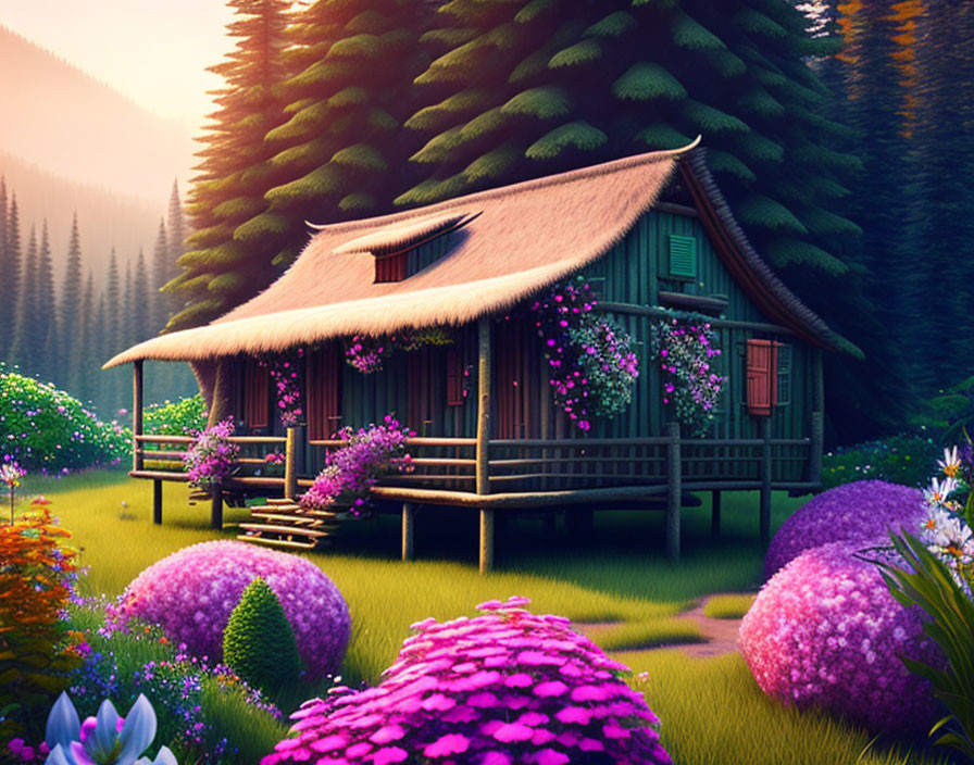 Rustic wooden cabin surrounded by pink flowers in forest clearing