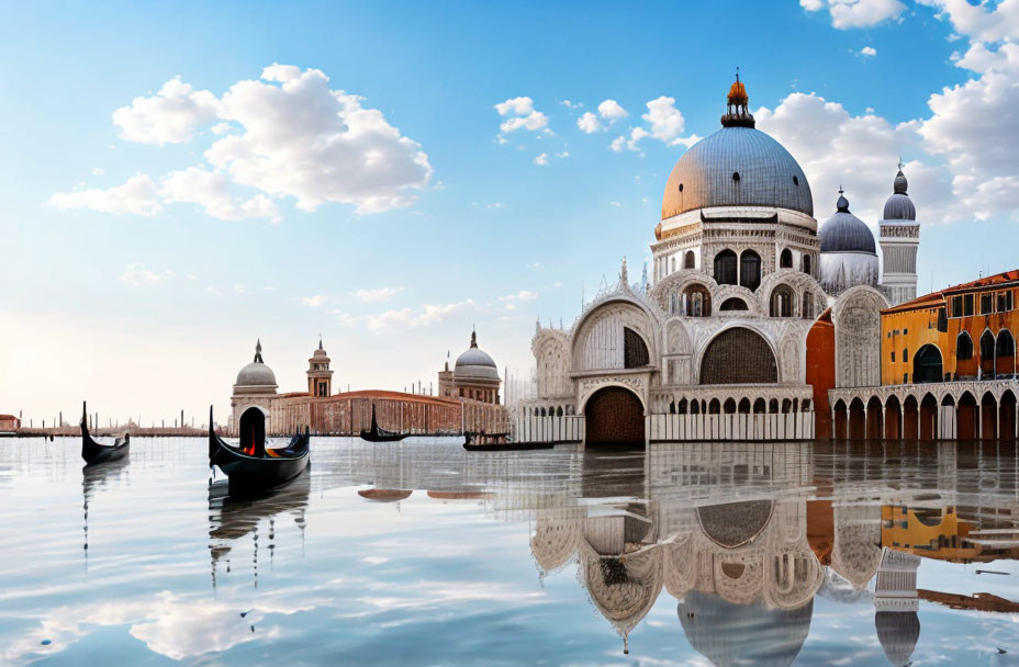 Scenic Gondola Floats by Venice Landmarks on Tranquil Water