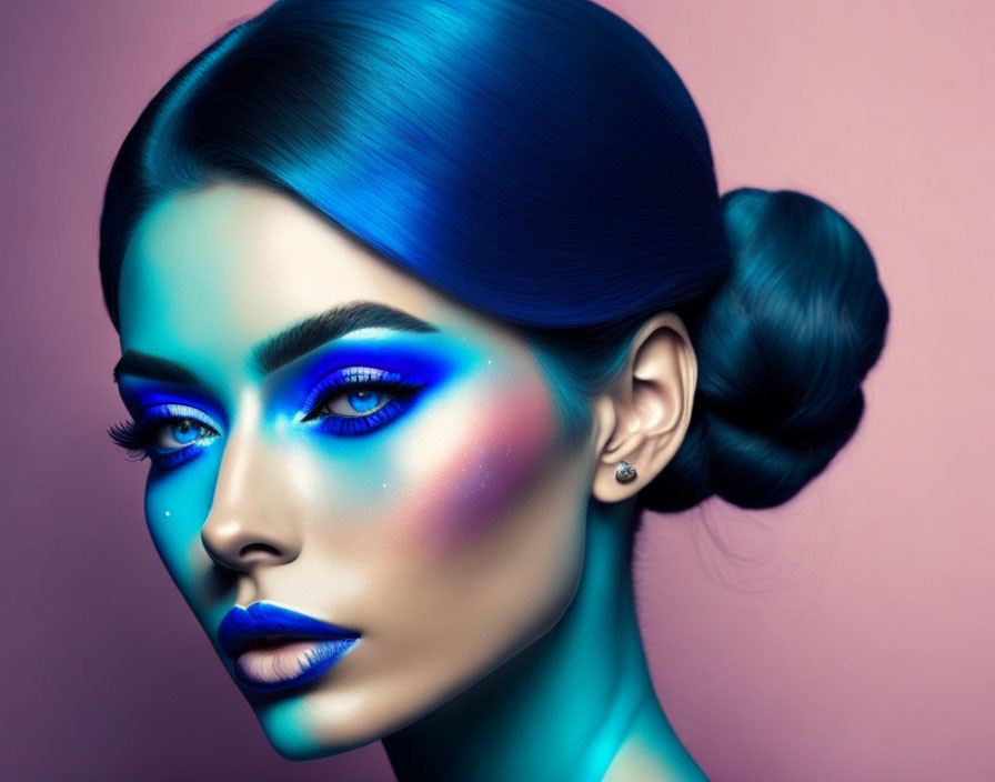 Vibrant blue hair portrait with neon makeup on pink background