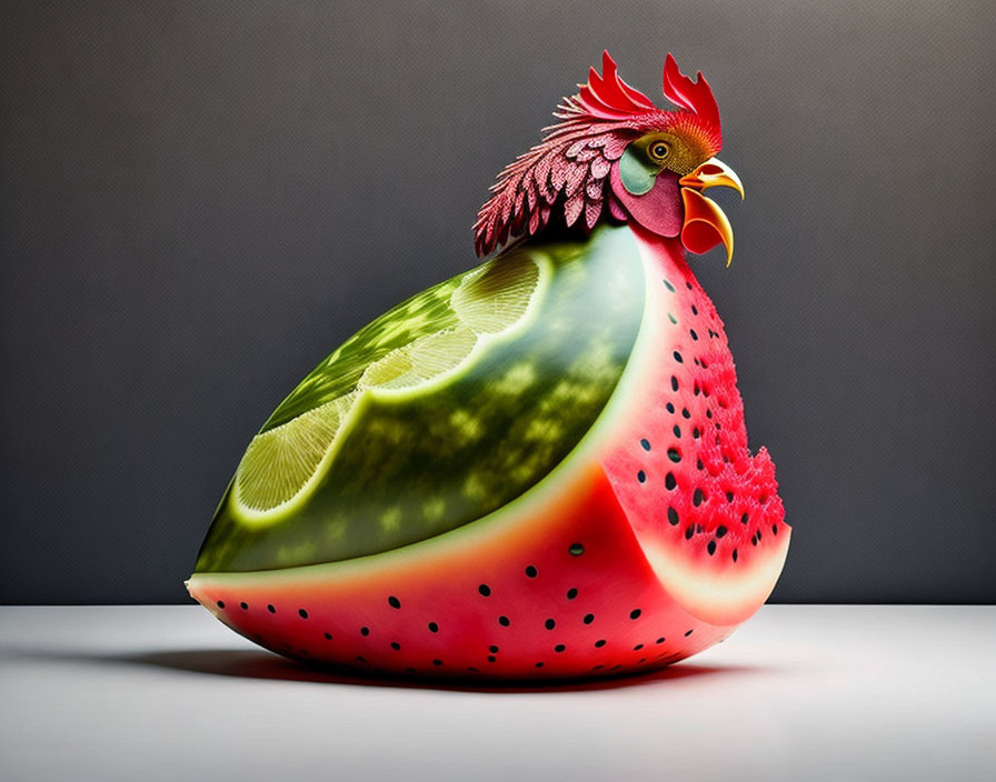 Surreal rooster blending with watermelon slice on gray background